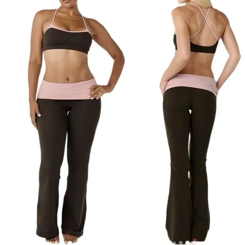 CS+B 2026 Contrast Color Strappy Sports Bra For Women Fold Waist Flare Yoga Trousers Fitness Training Gym Workout Active Wear