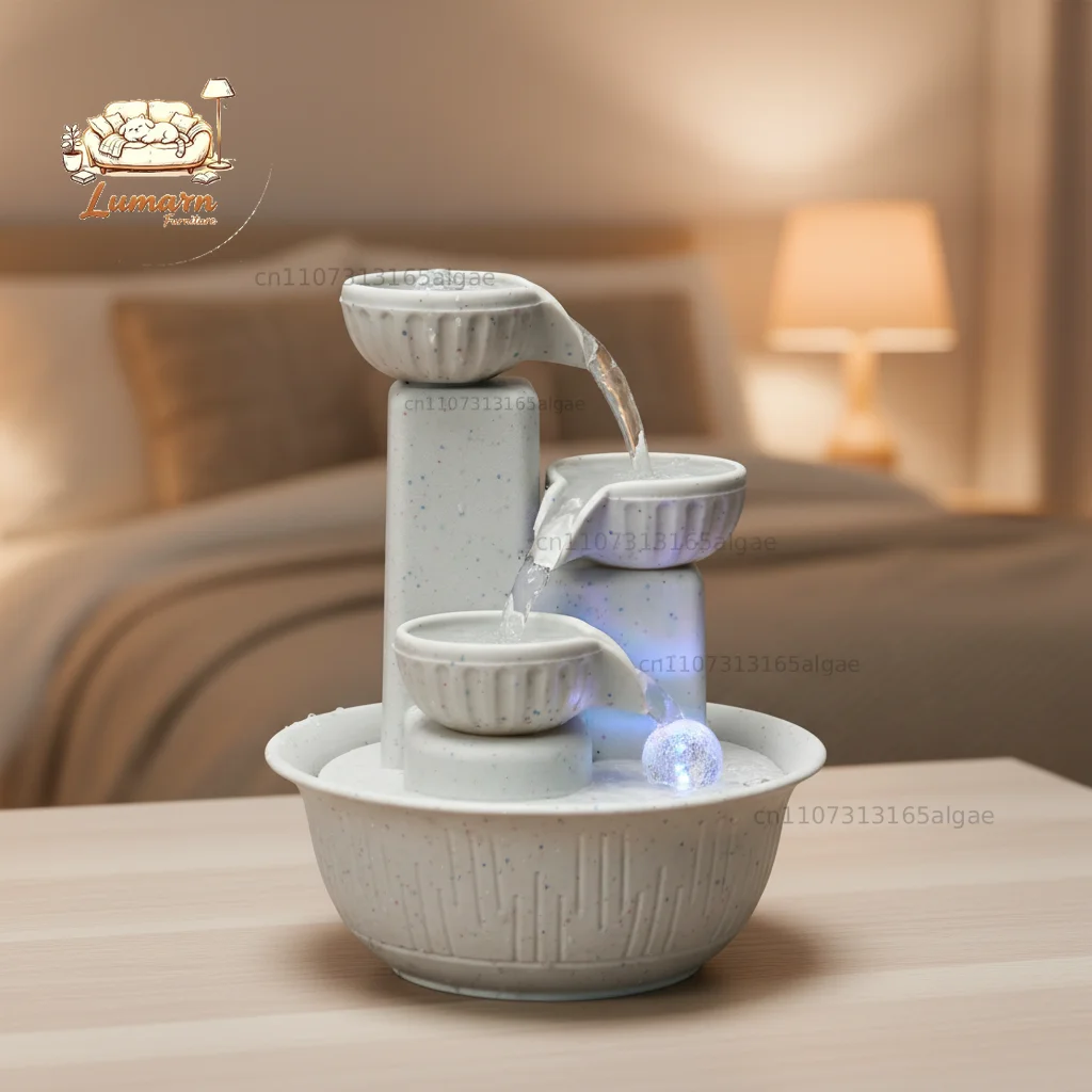 A three-layer white creative light-luxury indoor fortune-attracting water feature ornament with a cat water fountain for living