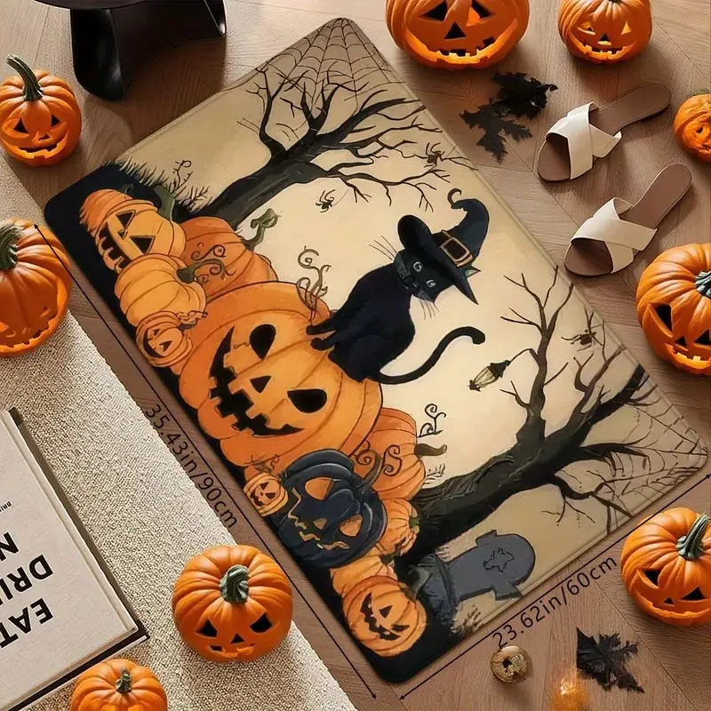 VIKAMA 2Pcs Halloween Black Cat Pumpkin Kitchen Rug Set 2D Print Non‑Slip Anti‑Oil Floor Mats For Kitchen Home Holiday Decor