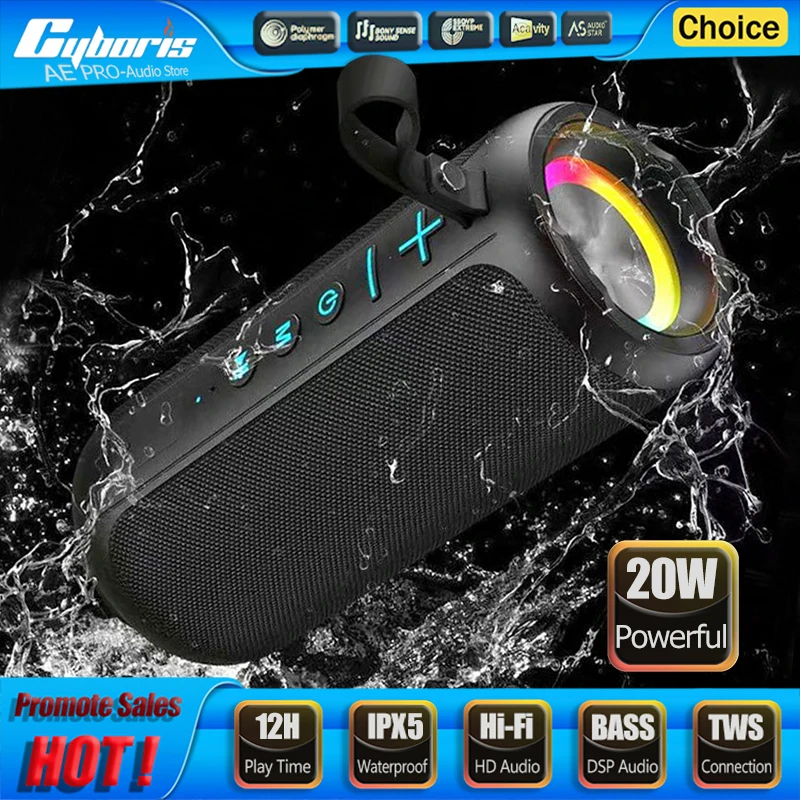 Caixa de Som Bluetooth Portátil 20W, Subwoofer Sem Fio de Alto Volume, Recarregável via USB, à Prova d'Água, Som HD, Caixa de Som Estéreo TWS