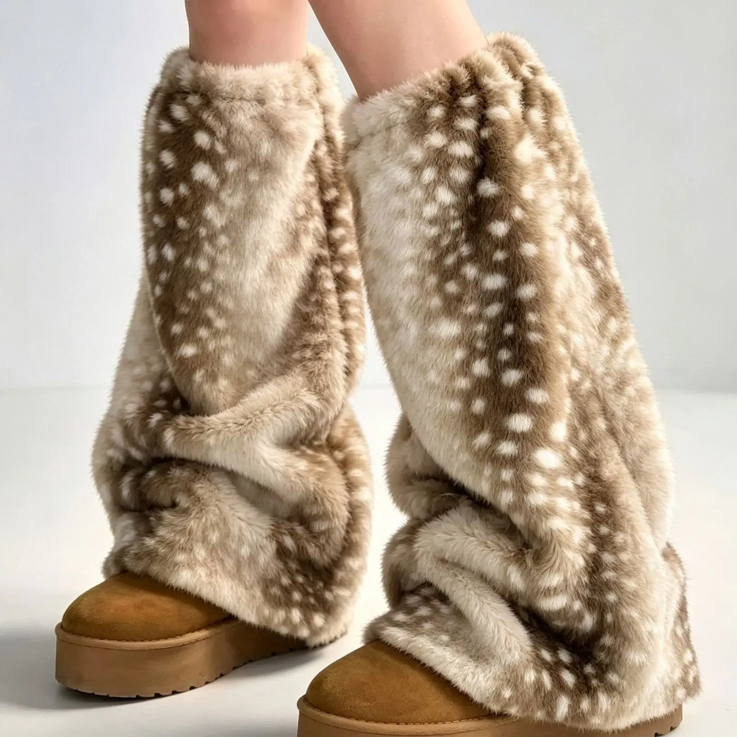 Winter Faux Fur Leg Warmers Women Deer Spotted Fluffy Boot Cuffs Y2K Aesthetic Warm Plush Leg Socks