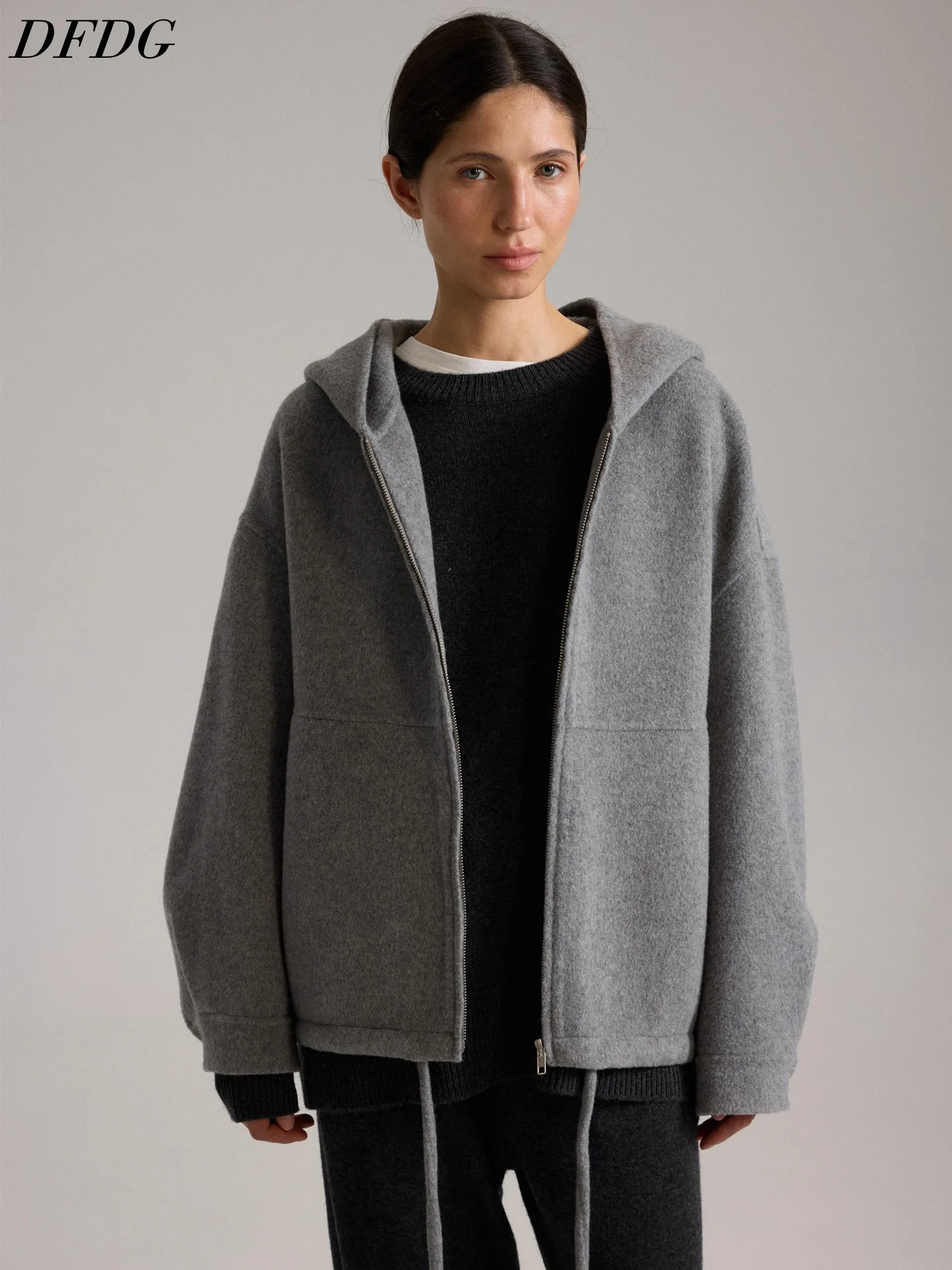 DFDG Women 2026 Wool Blend Hooded Jacket Zip Up Front Loose Oversized Pockets Casual Thick Warm Winter Outer Causal Coat