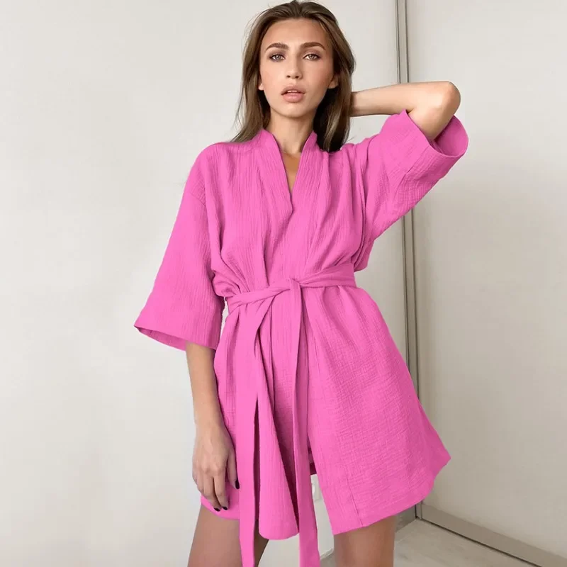 100% Cotton Gauze Robe Women\'s Nightwear Mini Bathrobes Bandage Sleepwear Muslin Women\'S Home Clothes Solid Color Casual Nightie