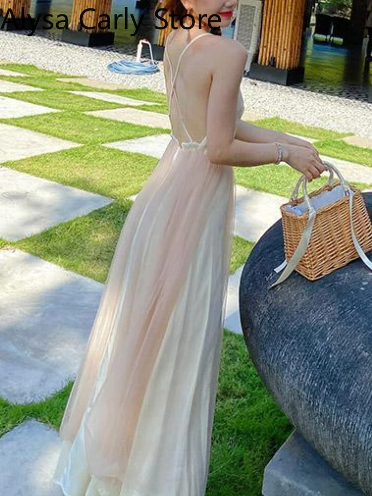 Sexy Backless Beach Dress Women Casual Korean Evening Party Midi Dress Summer Sweet Holiday Elegant Fairy Dresses for Women 2022