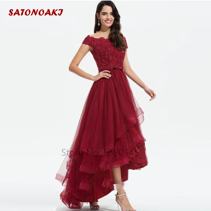 Robes De Soiree Elegant Burgundy Evening Dresses 2023 Off The Shoulder Appliques High/Low Tiered Prom Party Gown Vestidos Noche