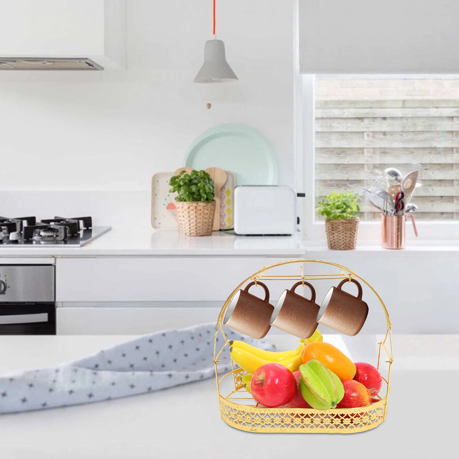 

Gold Plated Cup Rack Handcrafted Wrought Iron Mug Holder With Storage Basket Flatback Countertop Organizer Kitchen Shelf