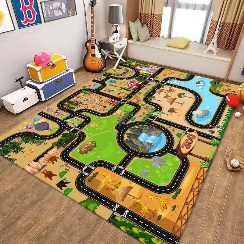 Cartoon Game Road Map Flannel Rug for Kids Cute Play Pattern Floor Mat for Living Room Bedroom Soft Non Slip Kids Play Area Rug