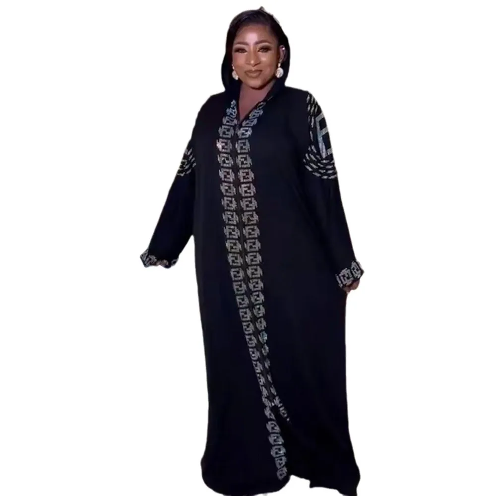 African ethnic clothing, large swing dress, Muslim style robe, fashionable zipper hat, rhinestone hot stamping