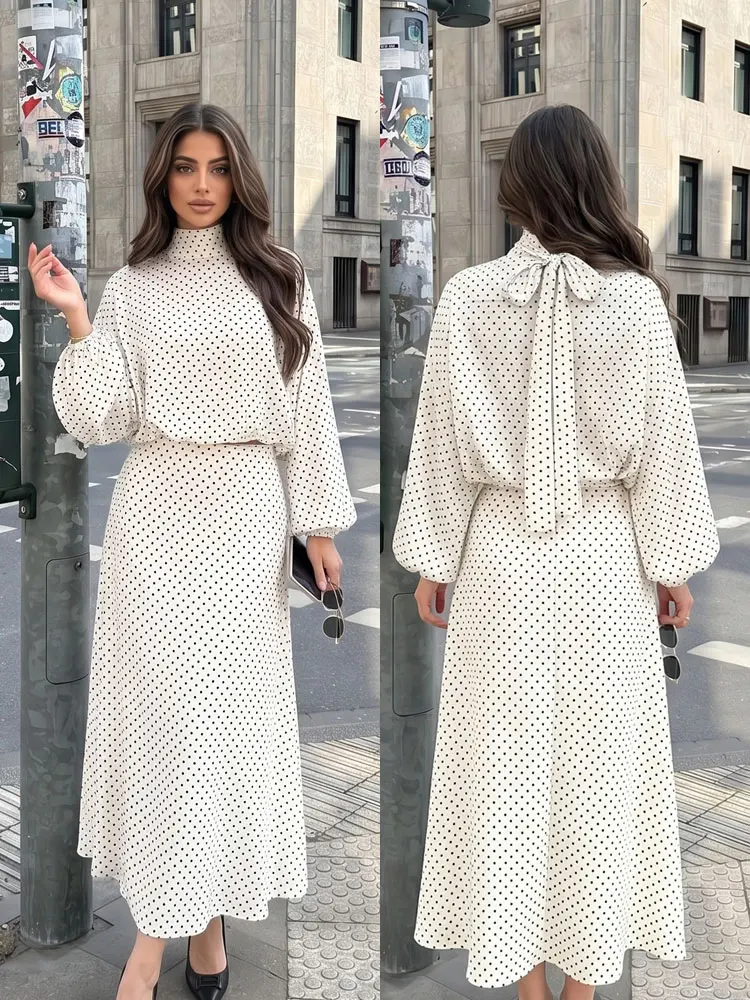 HH Women Vintage Polka Dot Skirt Sets Long Sleeve Bow Tie Shirt Loose A-line Skirt 2026 Spring Casual Vacation Beach Outfits