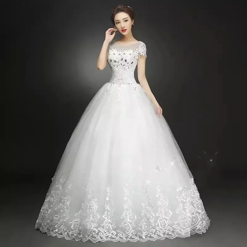 Cheap Wedding Dress Simple White Embroidery Short Sleeve Lace up Princess Floor-length Plus size Bride Ball Gown Plus size XN005