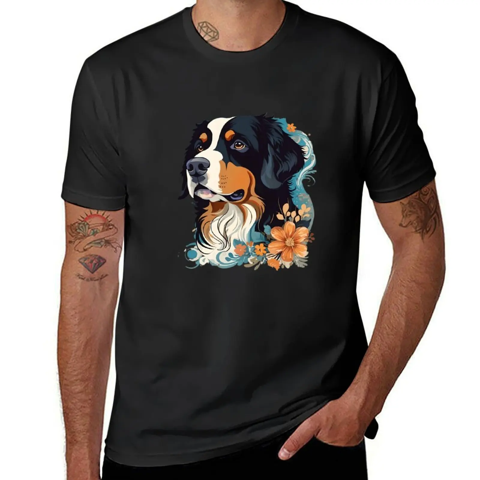 Bernese Mountain Dog - Stylized Swirls T-Shirt cute tops quick drying shirts graphic tees Blouse fruit of the loom mens t shirts