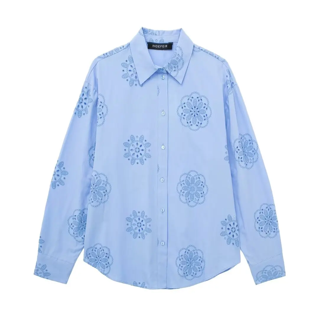 

French European and American style pressed rubber embroidered lapel long-sleeved shirt for women spring and autumn new loose cas