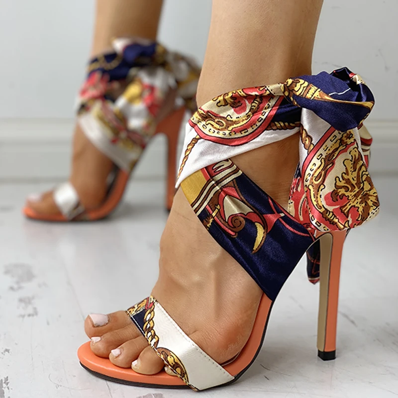 Vacation Party Shoes Peep Toe Point Toe Heeled-sandals Satin Print Knotted Detail Thin Heeled Sandals