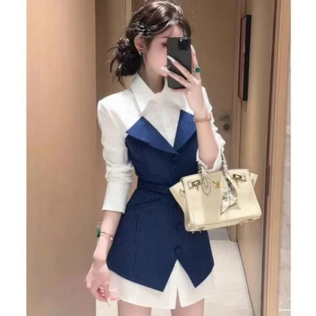 جديد مكان العمل فستان جميل المرأة الخريف بولو كم طويل سليم ألف خط فساتين صغيرة تصميم مخطط وهمية قطعتين فستان قميص #1