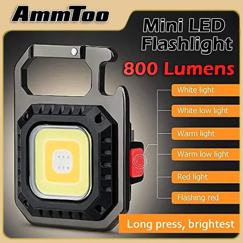 AmmToo Mini LED Flashlight Magnetic COB Outdoor Camping Pocket Work Light 800 Lumens USB Rechargeable 7 Modes Spotlights