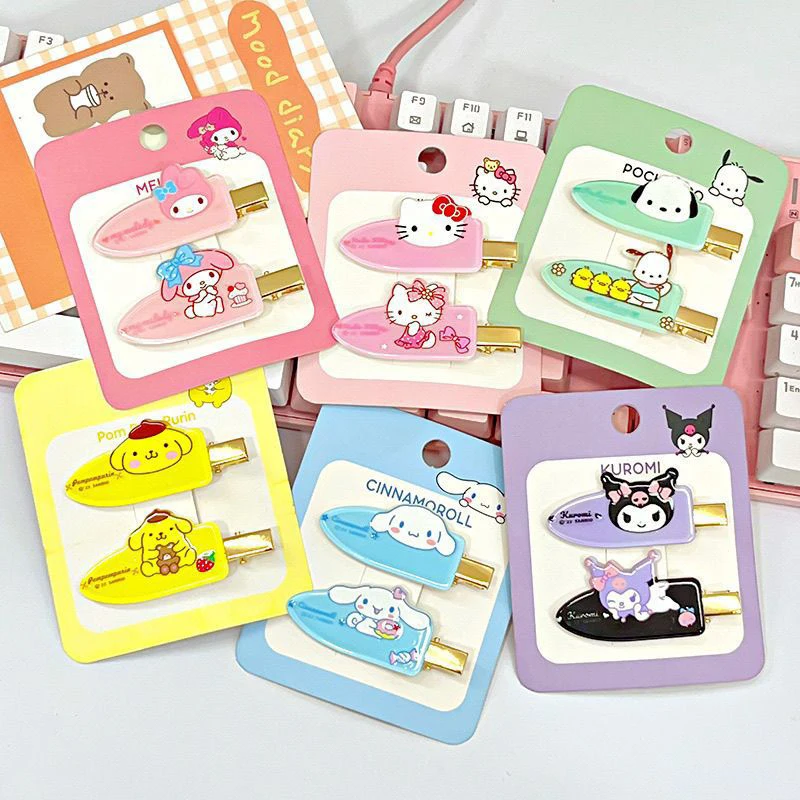 Sanrio คลิปแผ่นแปะผม2ชิ้น/เซ็ตกิ๊บติดผมฤดูร้อนกิ๊บติดผมไม่มีรอยพับ Hello Kitty Kuromi barrette hairside Clamp สำหรับเครื่องประดับผมสาว