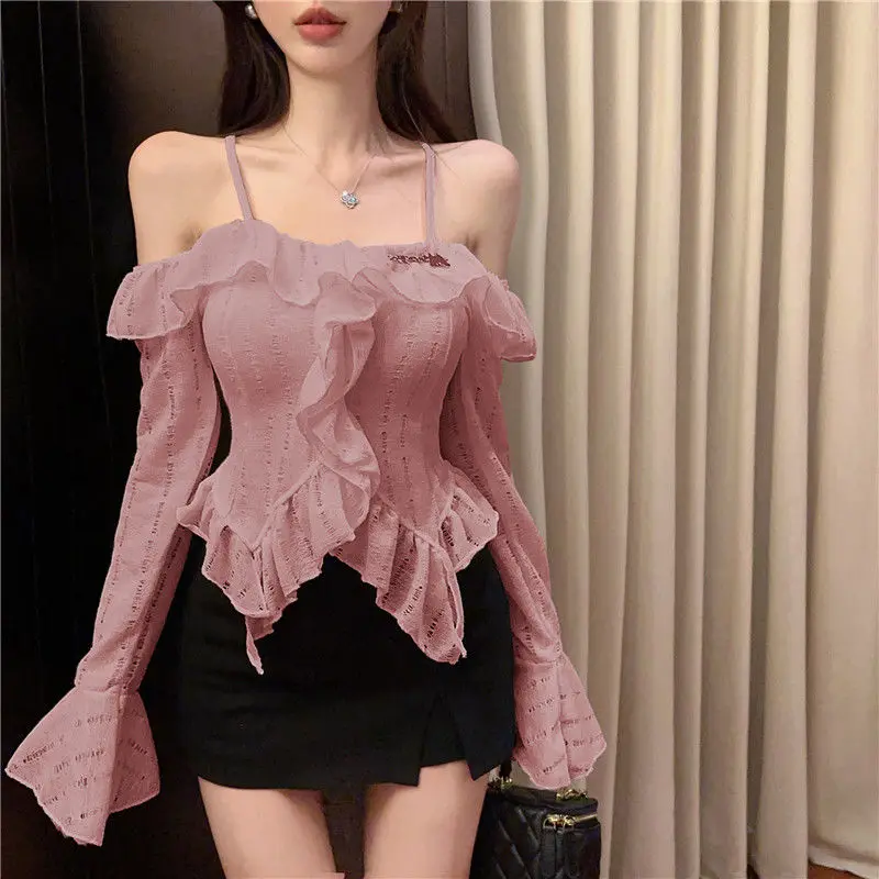 Spring Autumn New Slash Neck Solid Color Long Sleeve Fashion T-Shirts Women High Street Casual Slim Ruffles Pullovers Sexy Tops image 2