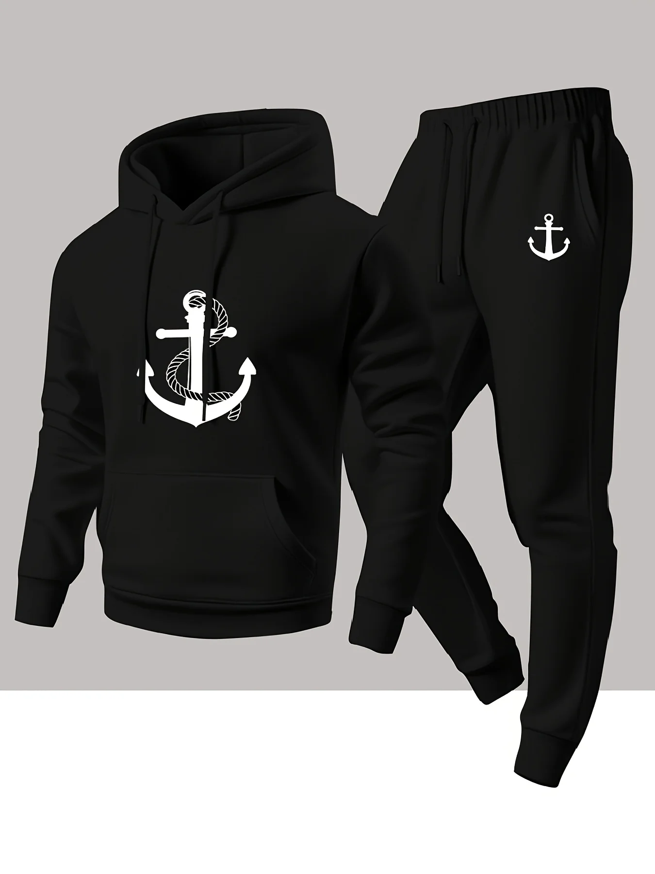 Men's Fashion Hooded Anchor Print Sweatshirt and Joggers Sportswear Set, Casual Trendy Navy Style Two-Piece