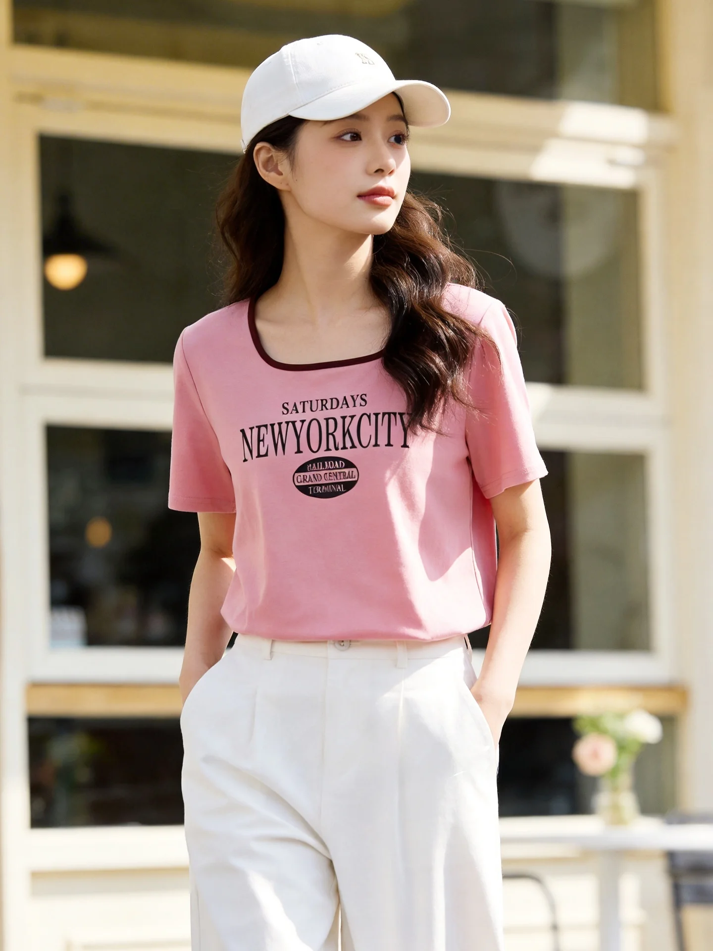 

Summer New Style Large Size Women's T-shirt Square Collar Letter Print Color Block Short Sleeve Cotton Blend Comfortable Fit