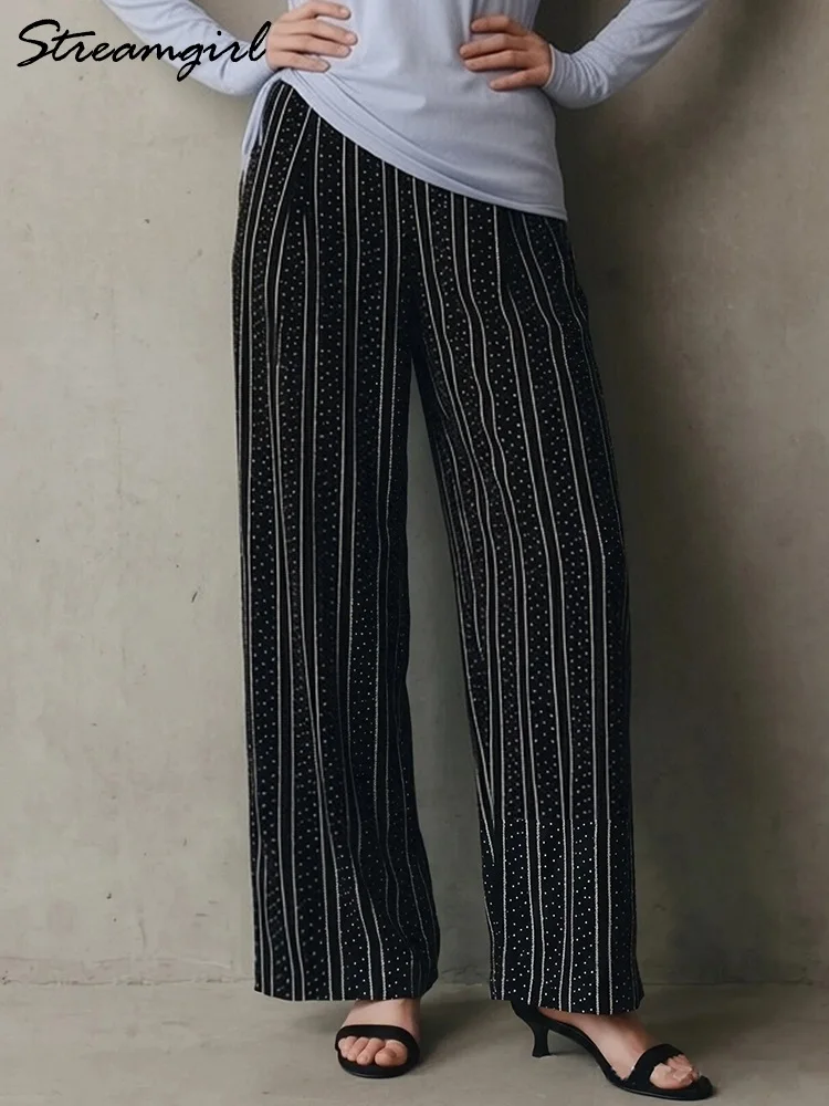 

Streamgirl Summer Viscose Pants Women Polka Dots Trousers Black With Stripe Loose White Elastic Waist Banana Pant For Woman Long