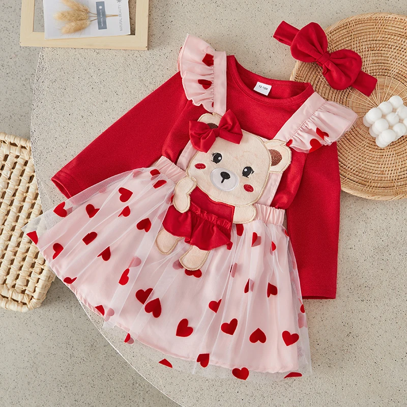 

Suefunskry Infant Girl Valentine's Day Dress Set, Heart Print Patchwork Slip Dress with Long Sleeve Knit Cardigan and Headband