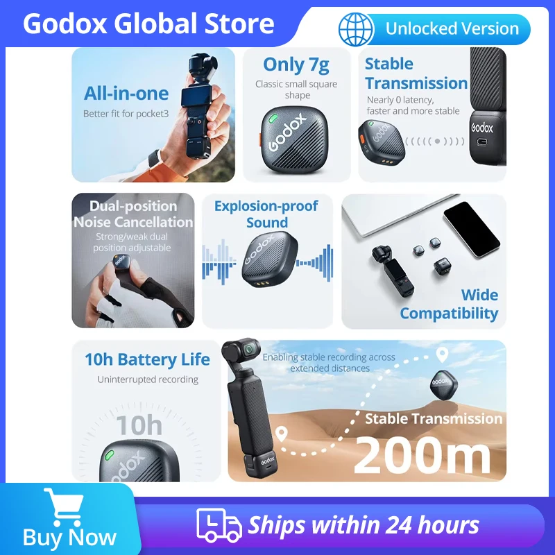 24ghzワイヤレスマイク-godox-cube-op3-軽量-200m低遅延伝送-ノイズリダクション-dji-osmo-pocket3用