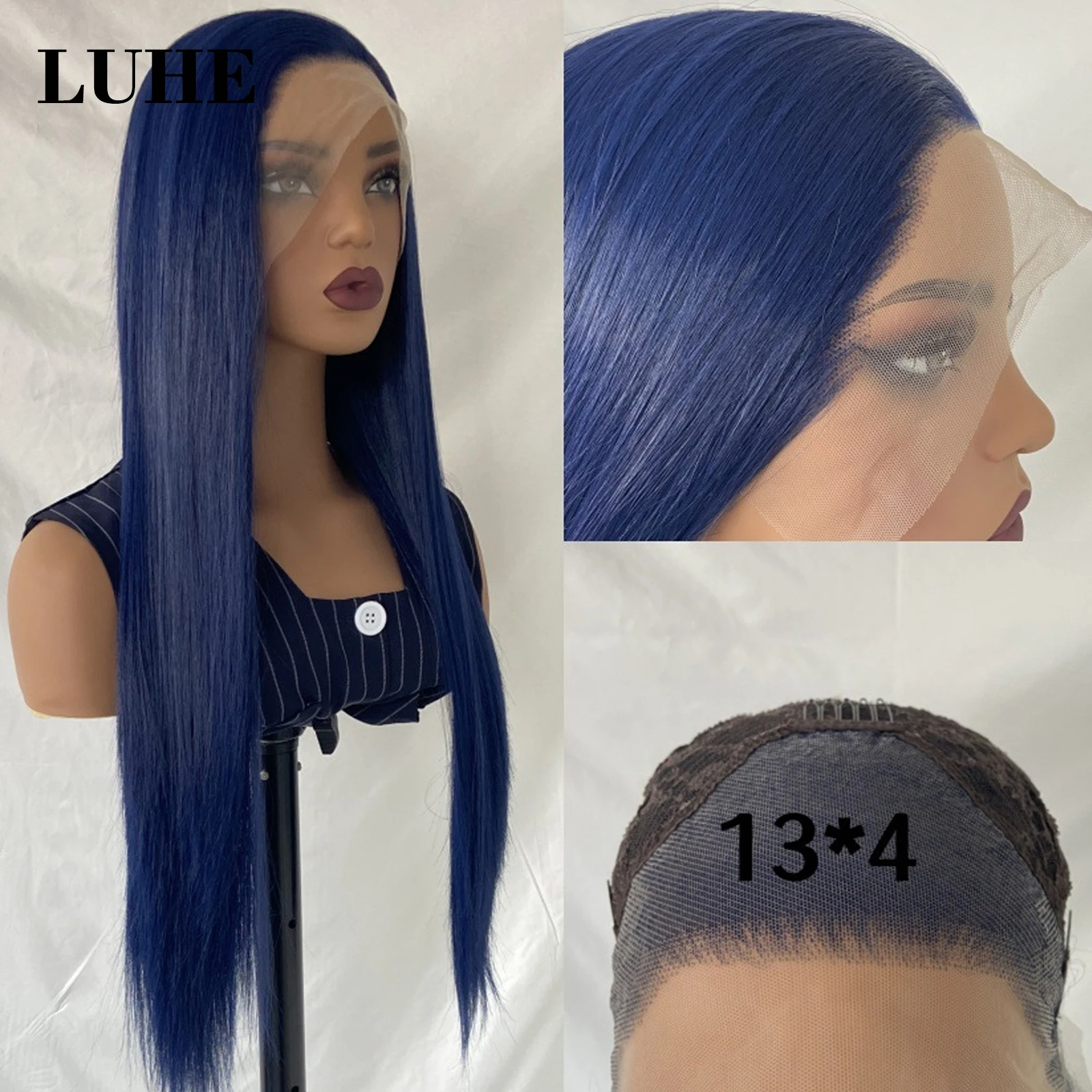 Blue Colored 13x3 Synthetic Hair Lace Front Wigs for Black Women 26Inch Long Straight Heat Resistant Fiber Hair Lace Frontal Wig