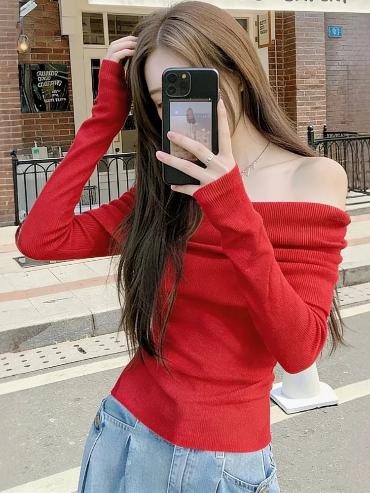 Korean Gentle Off‑Shoulder Knit Women Pullover Fall Winter Slim‑Flattering Sweater Stylish Long‑Sleeve Versatile Layering Tops