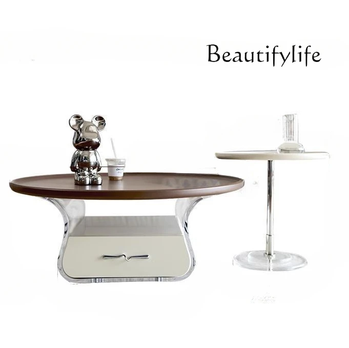 French cream retro coffee table small apartment acrylic round modern home living room simple dining table new