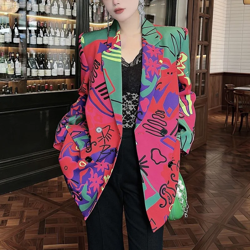 Spring Autumn Elegant Fashion Printing Blazers Ladies Long Sleeve Slim Casual All-match Coat Female Streetwear Outwear Top Women