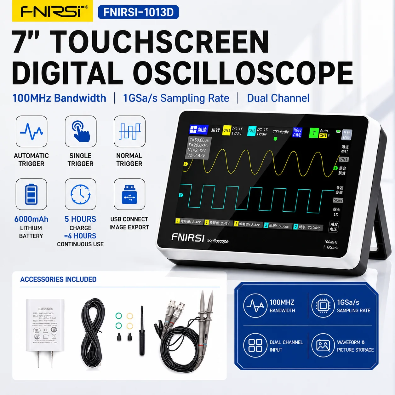 Handheld Tablet Oscilloscope Touchscreen 100Mhz - FNIRSI 1013D Plus ออสซิลโลสโคปแบบพกพา 100MHz 1GSa/s