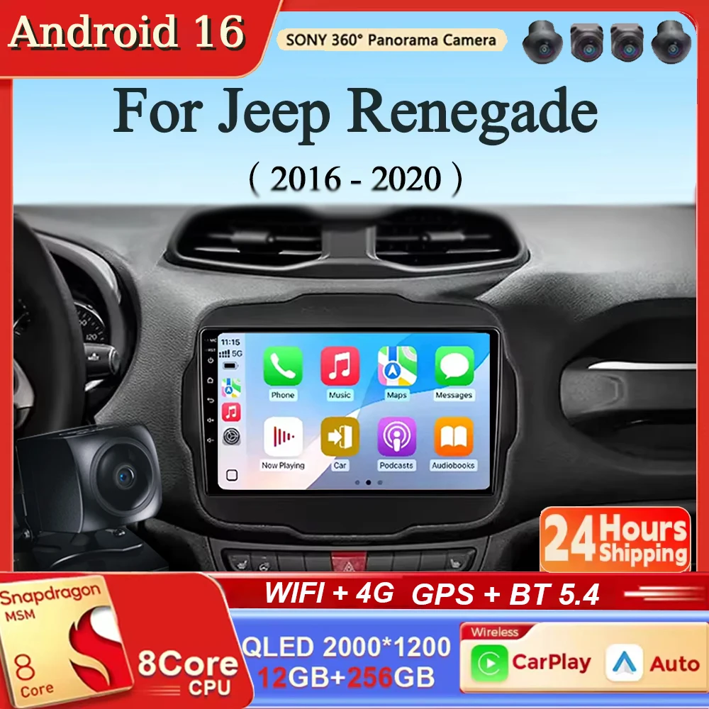 Radio para Auto con Android 16, Carplay y Auto, Navegación, Reproductor Multimedia Estéreo, BT, QLED, GPS, WIFI, 4G, para Jeep Renegade 2016 2017 - 2020