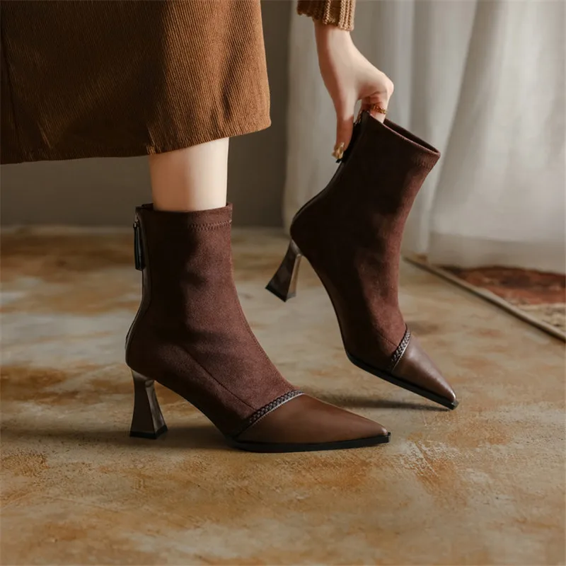 2026 Autumn Winter Women Boots French Retro Pointed Toe Shoes for Women Handmade High Heel Skinny Boot Split Leather Short Boots