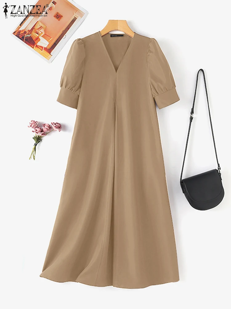 ZANZEA Moda Donna A-line Abiti longuette Vintage Manica corta a sbuffo Piega invertita Robes Femme Allentato Elegante scollo a V Abiti