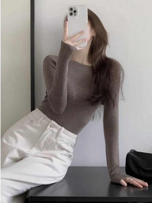 Chic Long Sleeve Knitted One Shoulder Women's Inner Wear Light Maturity Style Early Autumn Fashionable Breathable Comfortable