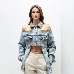 Patchwork Belt Solid Streetwear Denim Coats For Women Lapel Long Sleeve Spliced Pockets Hollow Out Irregular Coat Female New