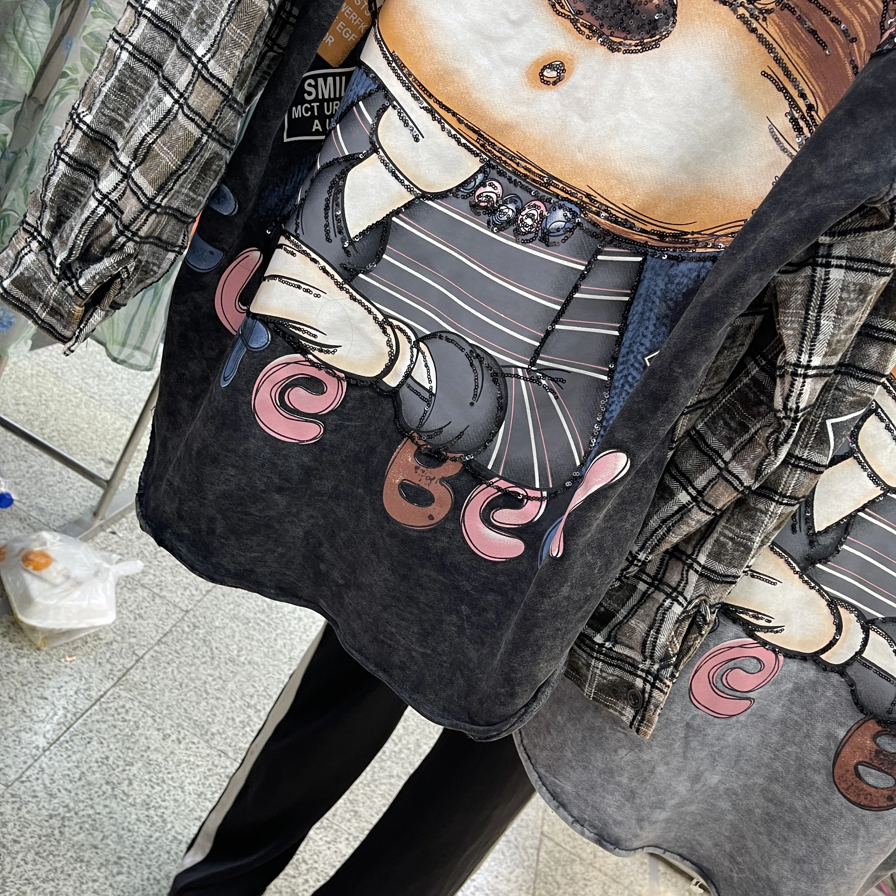 European Style Printed Sequin Jacket women 2025 Autumn New Loose Mid-Length Large Plaid Cartoon Long Sleeve Shirt for Women