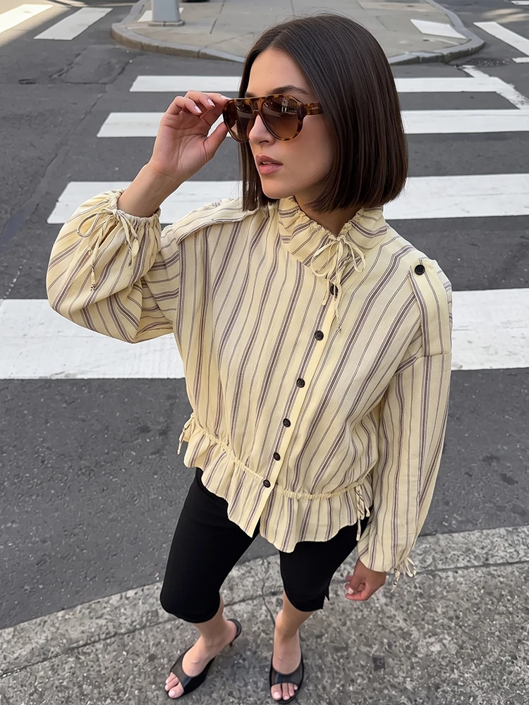 HH Vertical Stripe Stand Drawstring Collar Blouse Loose Lantern Sleeve Adjustable Cuff & Hem Shirt Casual Top for Office Date