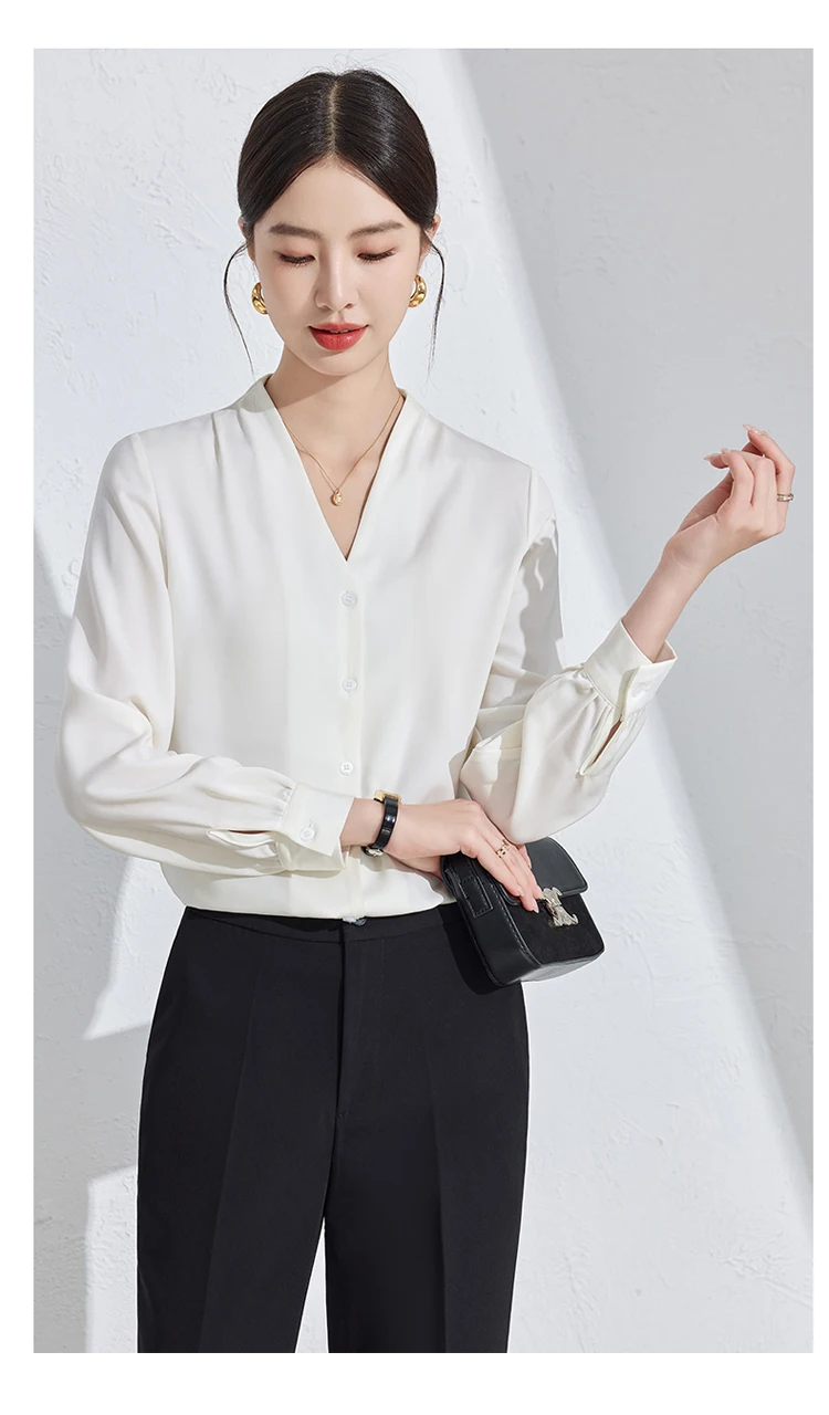

Элегантная утягивающая французская шелковая рубашка с v-образным вырезом и длинными рукавами, женская высококачественная профессиональная шелковая рубашка шелковицы, шикарный стиль на пуговицах