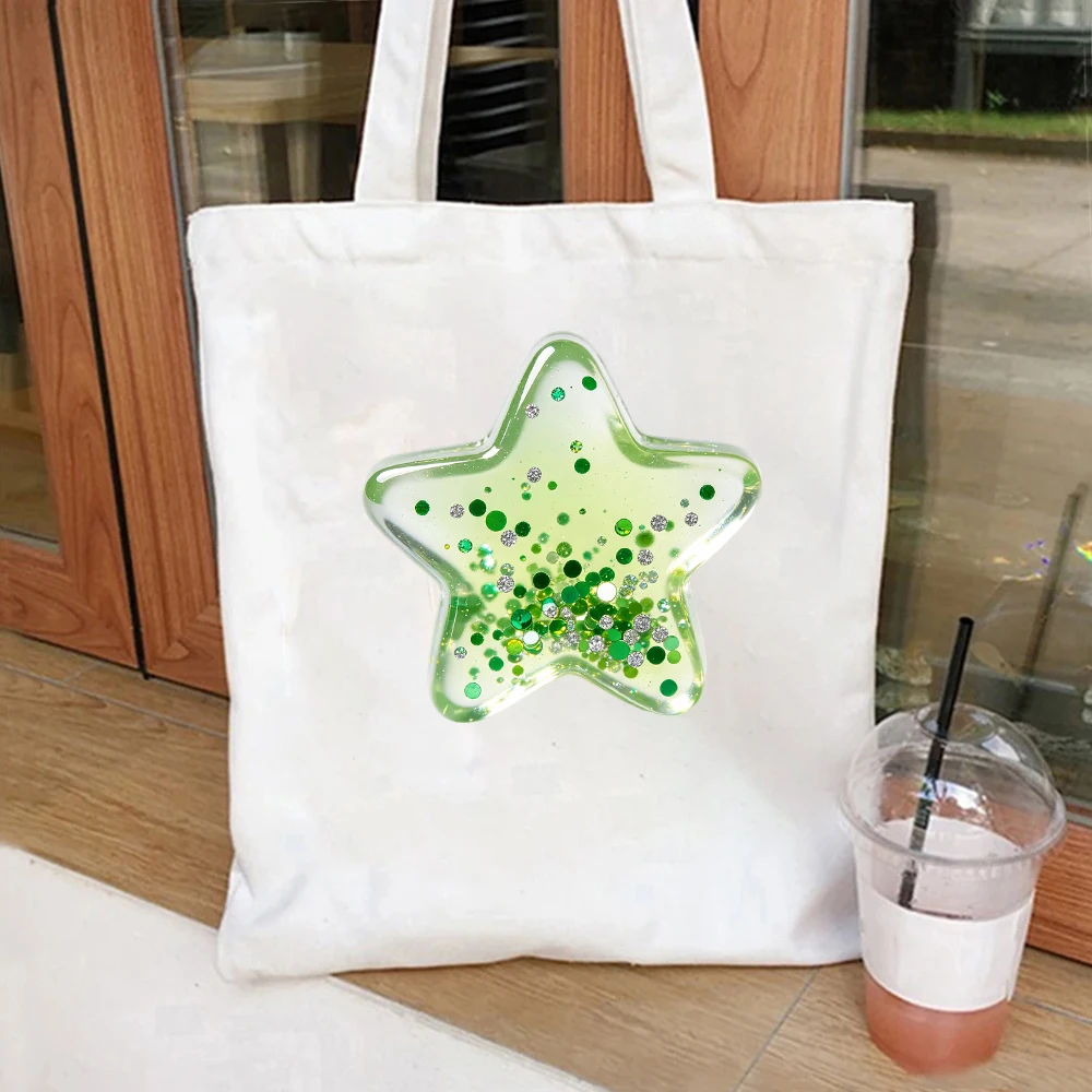 

Glitter Green Star Canvas Tote Bag Cute Y2K Shoulder Bag