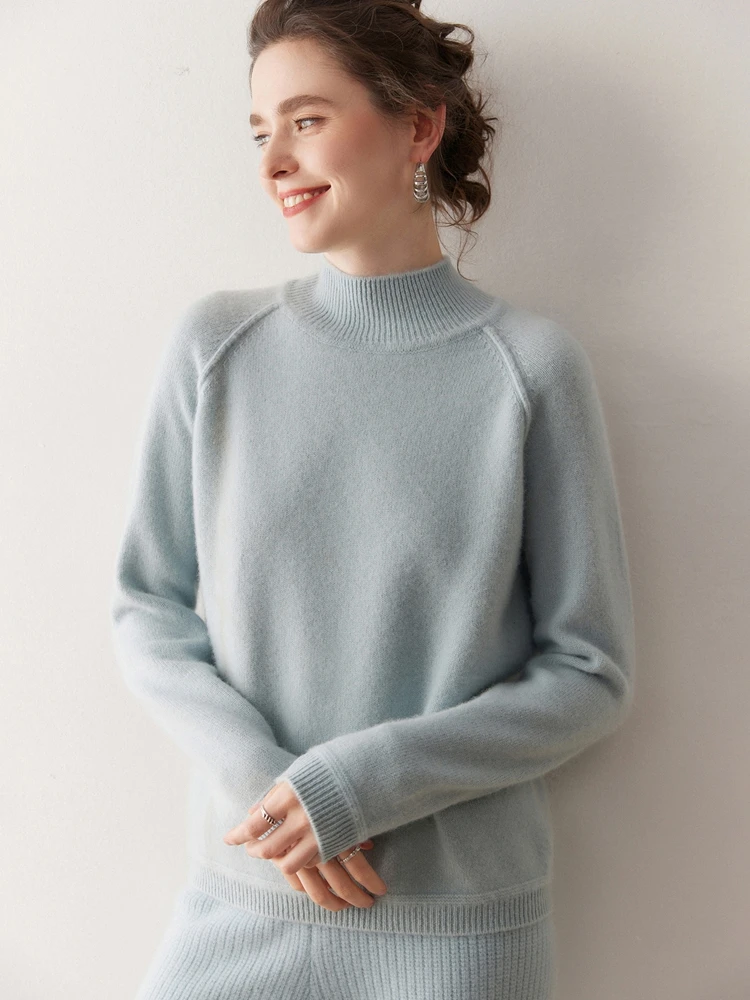 Meetcc feminino 100% cashmere cor sólida pulôver mock neck camisola outono inverno macio aconchegante topos de manga longa jumper casual