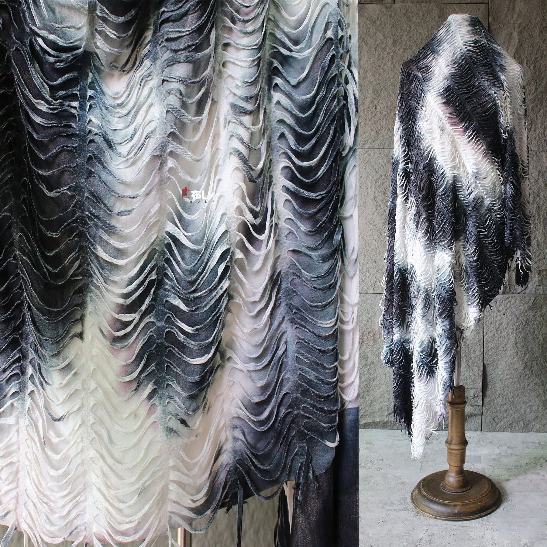 

White and gray double-layer irregular elastic soft knitted fabric creative fashion backing skirt clothing designer fabric