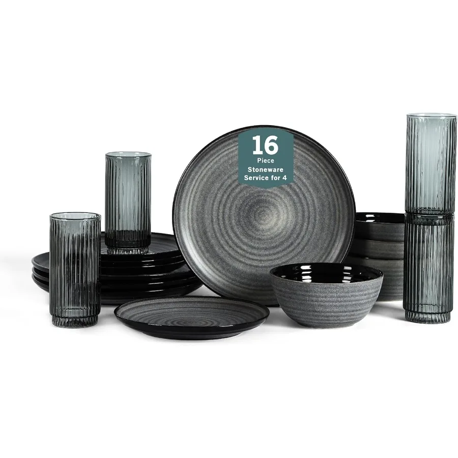 

Набор столовой посуды Dua, 16 предметов, керамика, боросиликатное стекло, черный