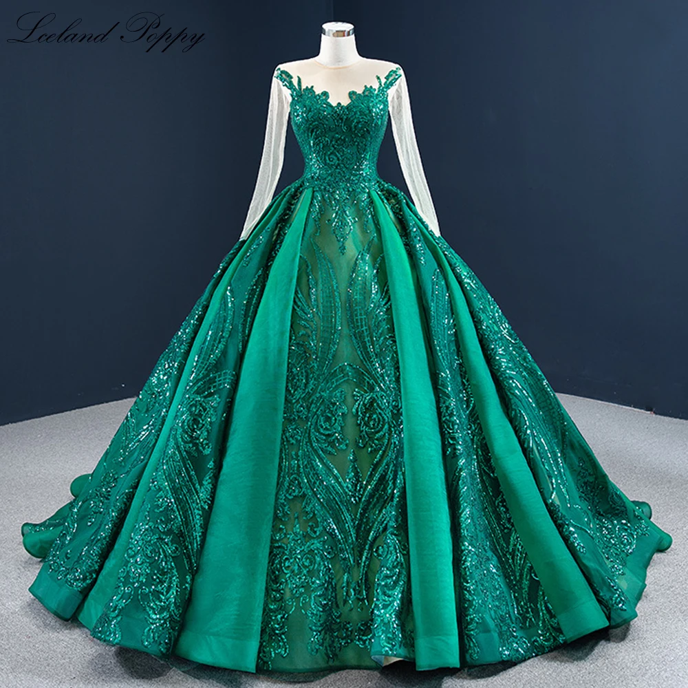 Lceland Poppy Customized Ball Gown Sequined Evening Dresses Full Sleeves O Neck Formal Evening Gowns Sweep Train