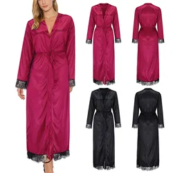 Women Ice Silk Pajamas Robes Sleepwear Nightgowns Nightdress Red Black Lace Soft Comfortable Casual Pure Color Sleepwear Xmas