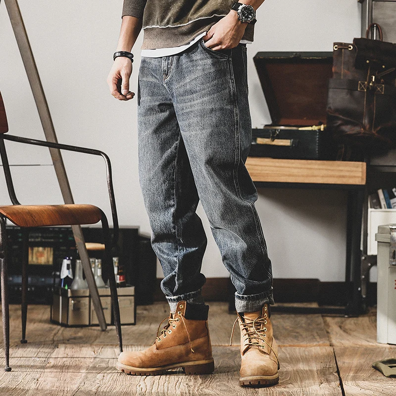 

2022 Men's Spring Autumn Fashion Vintage Casual Cargo Jeans Men Streetwear Pockets Pants Jeans Male Loose Straight Trousers A274