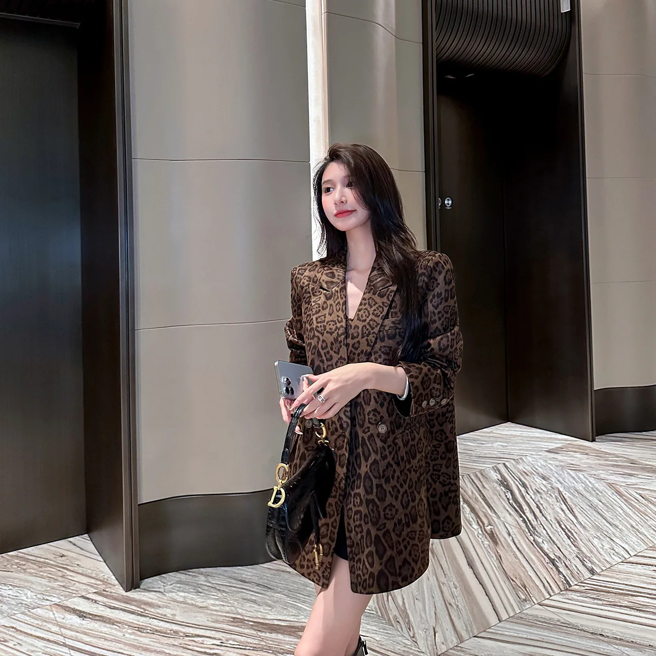 

Women's Suede Leopard Print Suit Jacket Loose Casual Spring Autumn New Korean Style Versatile Top Quality Polyester