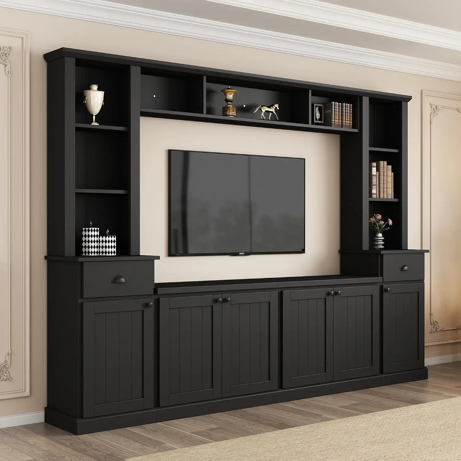 Minimalist Entertainment Wall Unit Set with Bridge Ample Storage Space and Adjustable Shelves,