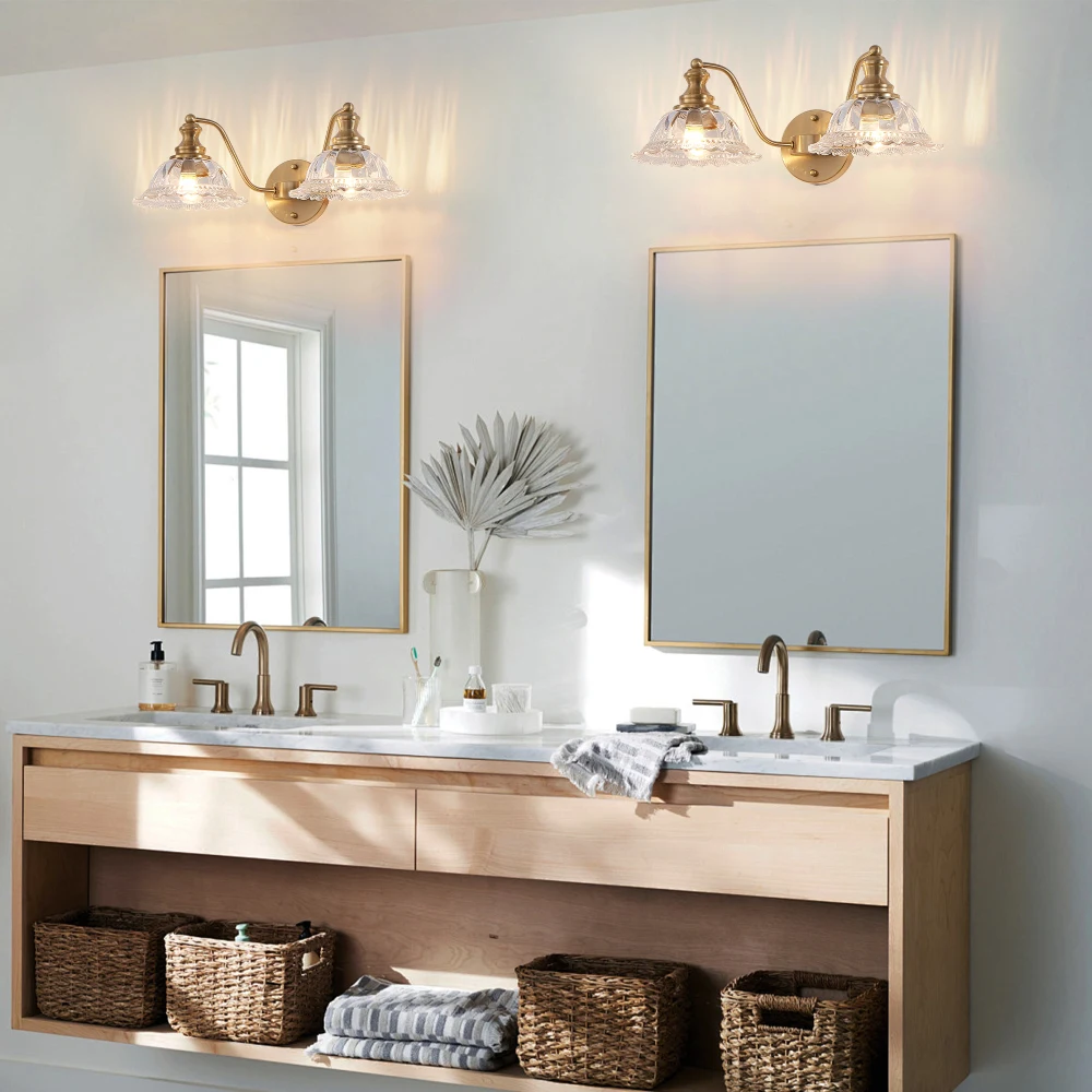 

20 Inch 2-Light Vintage Bathroom Wall Sconce - Golden Metal & Glass Lampshade Vanity Light (Bathroom/Hallway/Bedroom, Bulb Not I