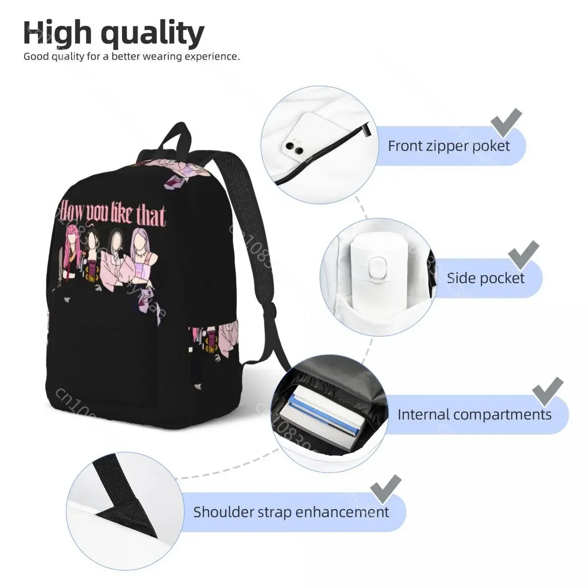 Mochilas de desenhos animados fofas para mulheres, mochilas escolares macias, mochila colorida, estilo ao ar livre, preto e rosa, moda kawaii